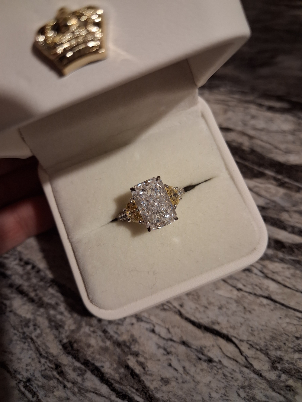 Radiant Cut Cubic Zirconia Ring With Yellow Side Stones